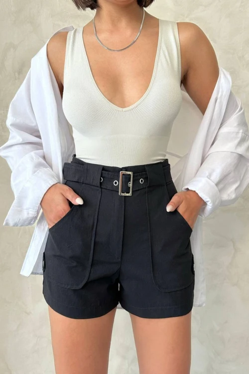 Siyah Kendinden Kemerli Cepli Gabardin Yazlık Şort BCHN-2525289