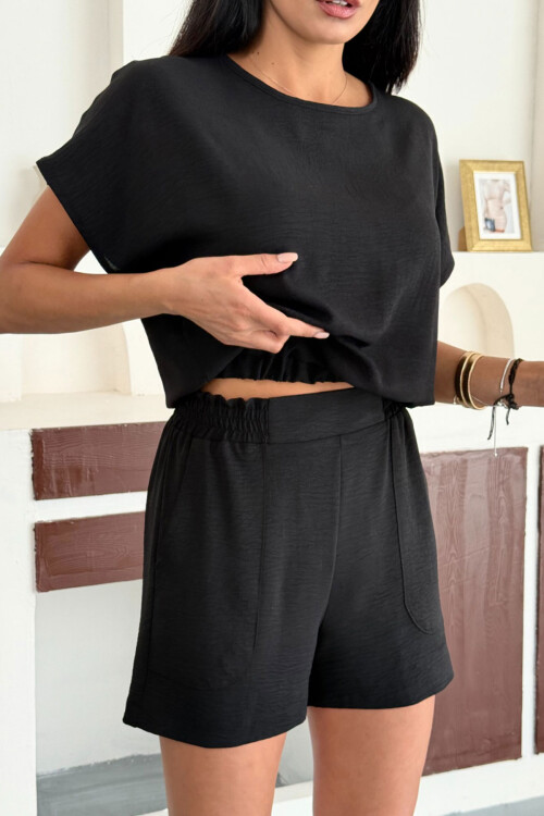 Siyah Keten Aerobin Dokuma Alt Üst Şortlu Takım BCCM-253000