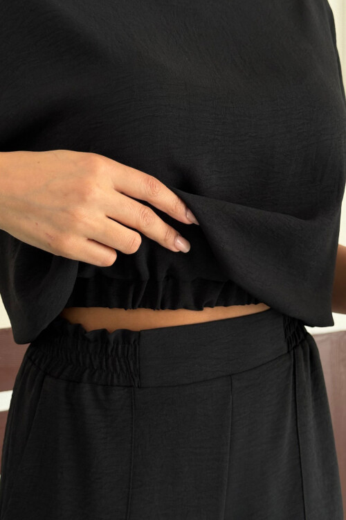 Siyah Keten Aerobin Dokuma Alt Üst Şortlu Takım BCCM-253000