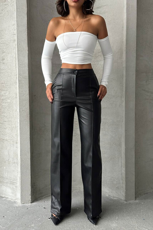 Siyah Önü Dikiş Detaylı Suni Deri Palazzo Pantolon BCHN-2526654