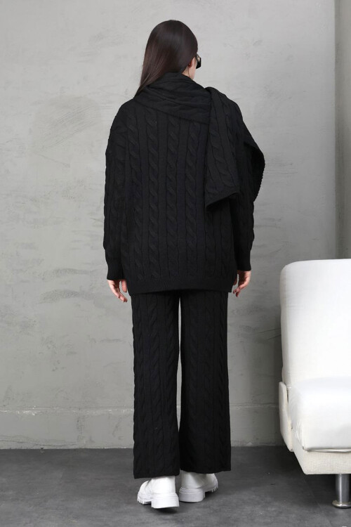 Siyah Örgü Motifli Kazak Hırka Ve Pantolon 3 Lü Triko Takım BCES-252031