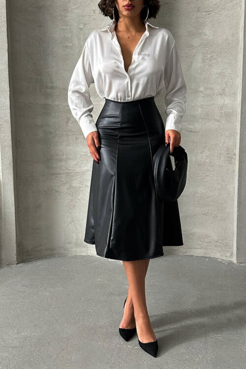 Siyah Parçalı Yüksek Bel Midi Boy Suni Deri Etek BCHN-2526441