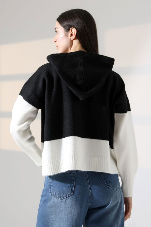 Siyah Renk Bloklu Kapüşonlu Düğmeli Triko Hırka BCES-252017