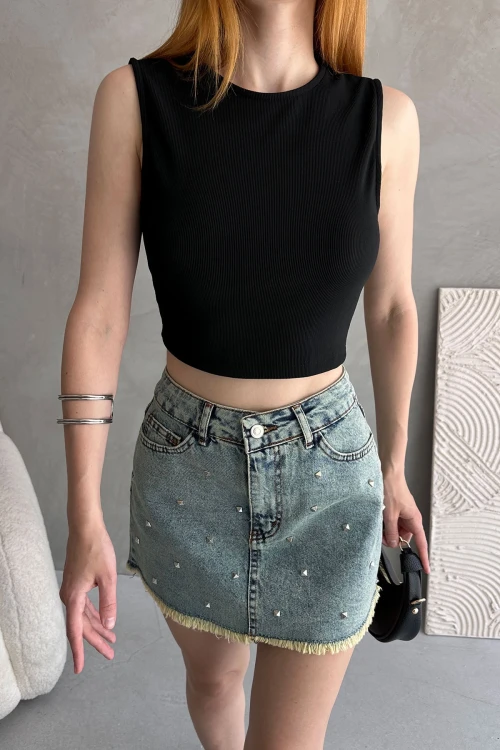 Siyah Sırtı Kemer Detaylı Kaşkorse Crop Bluz