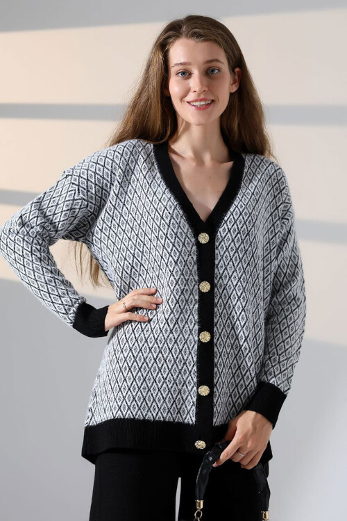 Siyah V Yaka Düğmeli Hırka Ve Pantolon Alt Üst Triko Takım BCES-252011