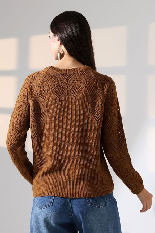 Tarçın Kahve Bisiklet Yaka Motif İşlemeli Triko Kazak BCES-252036