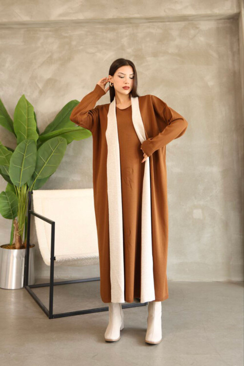 Tarçın Kahve Bisiklet Yaka Elbise Ve Hırka Tesettür Alt Üst Takım BCES-252024