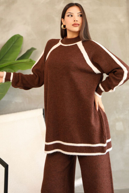 Tarçın Kahve Çizgi Detaylı Bisiklet Yaka Tunik Ve Geniş Paça Triko Alt Üst Takım BCES-252030