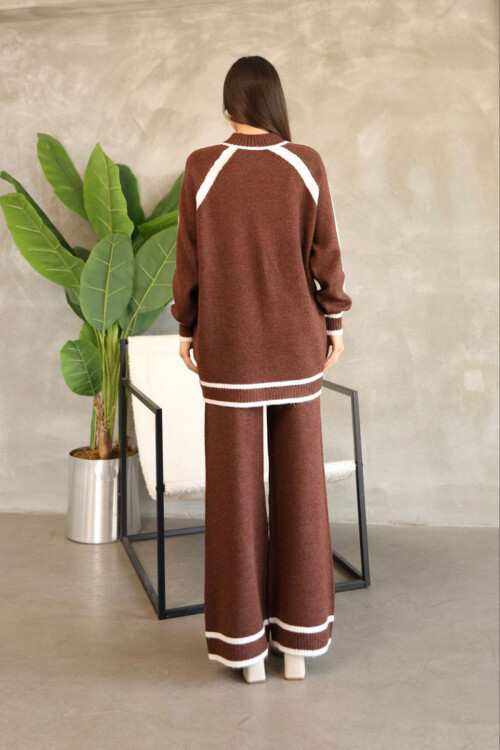 Tarçın Kahve Çizgi Detaylı Bisiklet Yaka Tunik Ve Geniş Paça Triko Alt Üst Takım BCES-252030