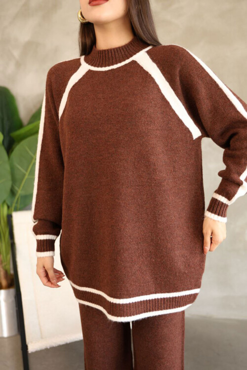 Tarçın Kahve Çizgi Detaylı Bisiklet Yaka Tunik Ve Geniş Paça Triko Alt Üst Takım BCES-252030