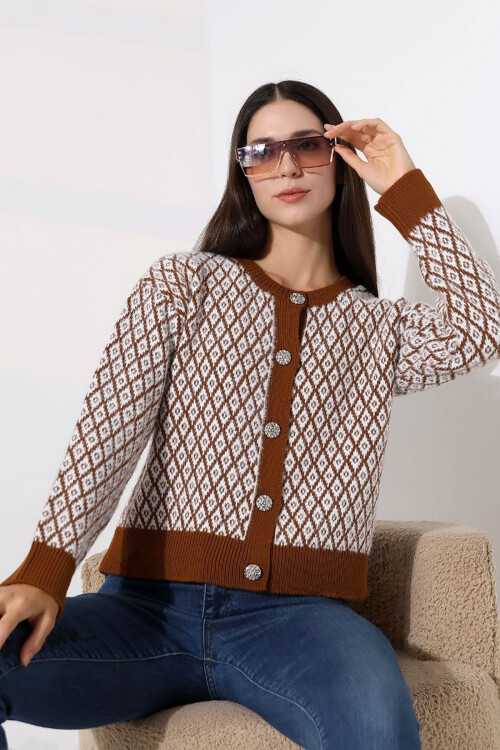 Tarçın Kahve Kare Çizgi Desenli Düğmeli Triko Hırka BCES-252004