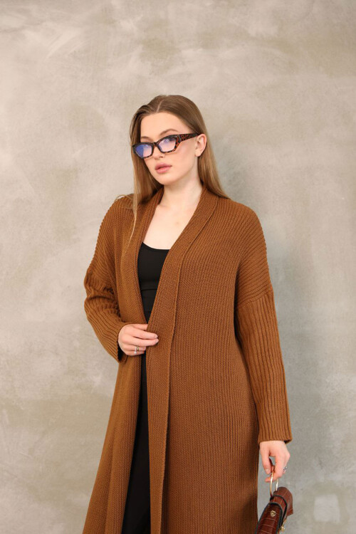 Tarçın Kahve Maxi Boy Triko Hırka BCES-252037