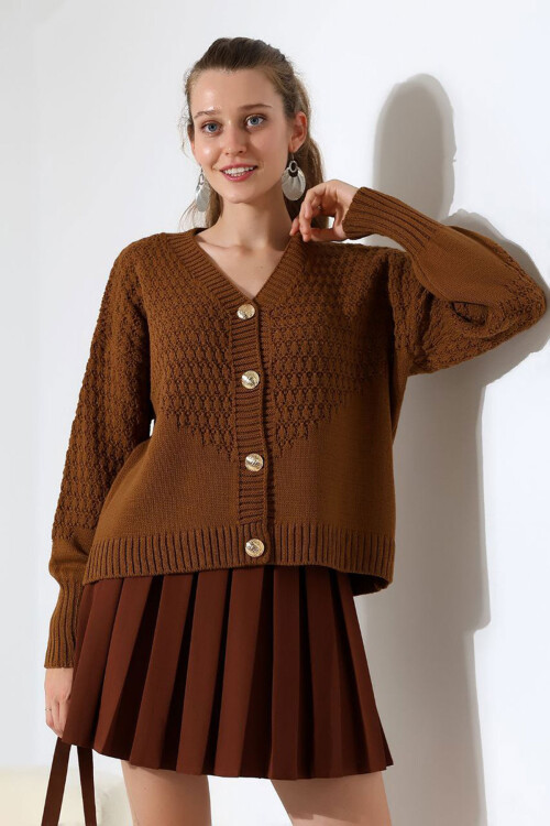 Tarçın Kahve Motif Desenli Düğmeli Triko Hırka BCES-252027