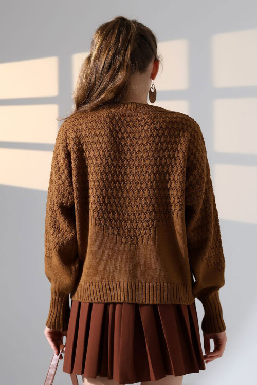 Tarçın Kahve Motif Desenli Düğmeli Triko Hırka BCES-252027