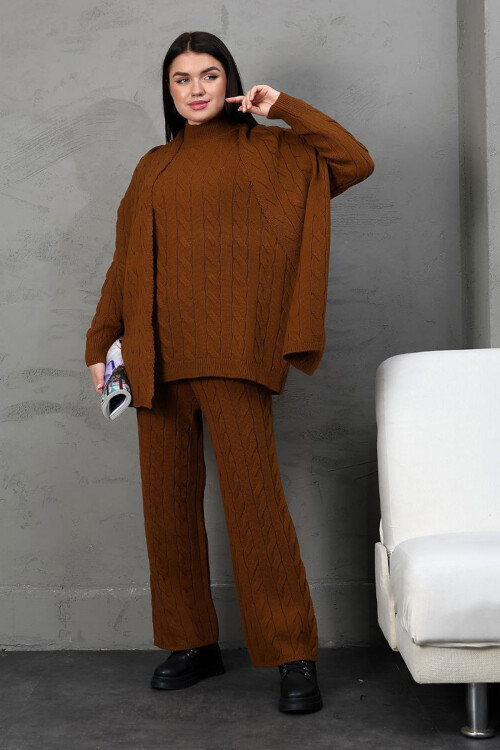 Tarçın Kahve Örgü Motifli Kazak Hırka Ve Pantolon 3 Lü Triko Takım BCES-252031