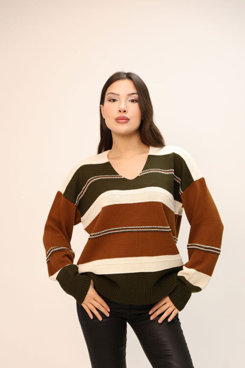 Tarçın Kahve V Yaka Çizgi Bloklu Triko Kazak BCES-252018
