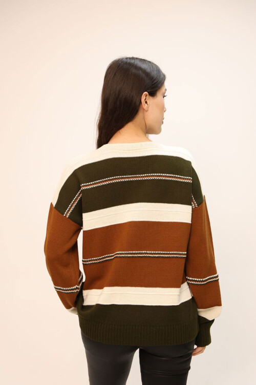 Tarçın Kahve V Yaka Çizgi Bloklu Triko Kazak BCES-252018