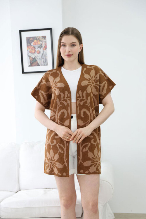 Tarçın Kahve Yarım Kol Desenli Triko Hırka BCES-252007