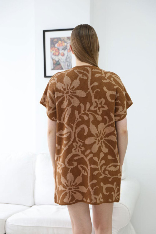 Tarçın Kahve Yarım Kol Desenli Triko Hırka BCES-252007