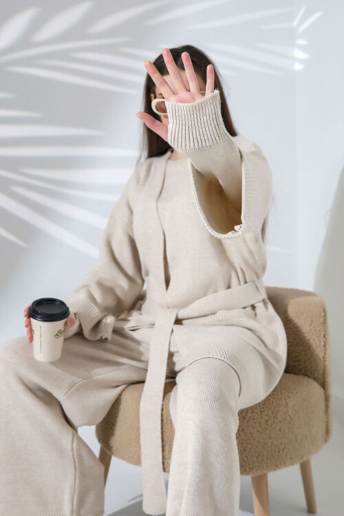 Taş Bisiklet Yaka Bluz, Hırka Ve Pantolon 3 Lü Triko Takım BCES-252041