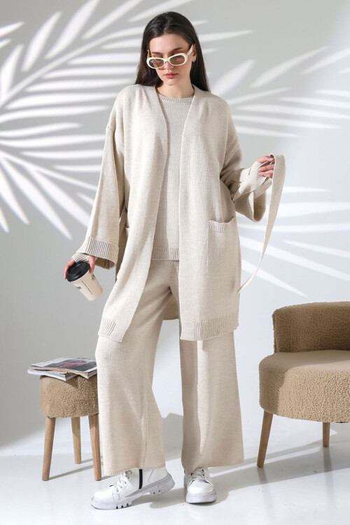 Taş Bisiklet Yaka Bluz, Hırka Ve Pantolon 3 Lü Triko Takım BCES-252041