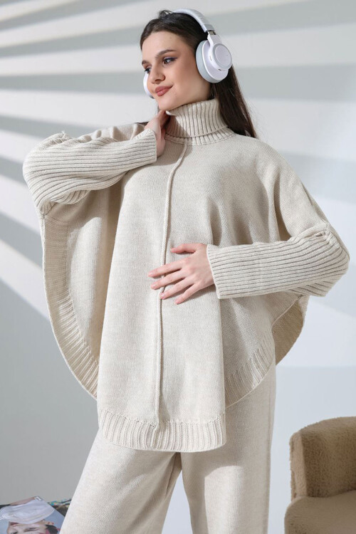 Taş Boğazlı Salaş Kesim Kazak Ve Fit Pantolon Alt Üst Triko Takım BCES-252033