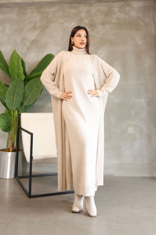 Taş Boğazlı Uzun Kol Triko Elbise Ve Uzun Hırka Tesettür Alt Üst Triko Takım BCES-252039