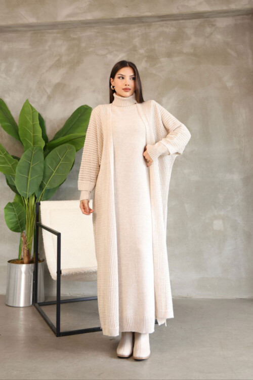 Taş Boğazlı Uzun Kol Triko Elbise Ve Uzun Hırka Tesettür Alt Üst Triko Takım BCES-252039