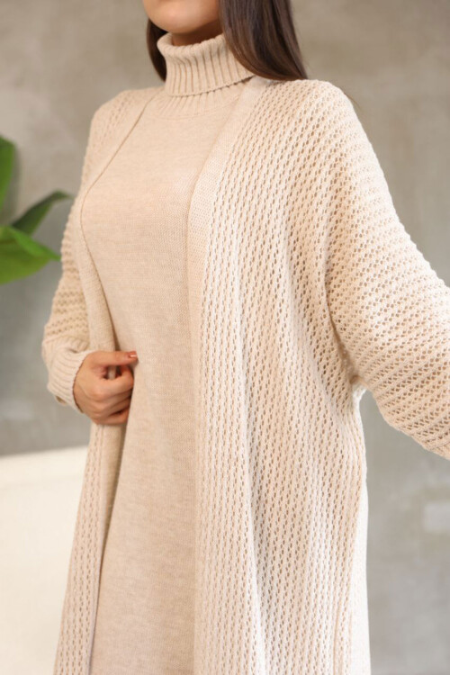 Taş Boğazlı Uzun Kol Triko Elbise Ve Uzun Hırka Tesettür Alt Üst Triko Takım BCES-252039