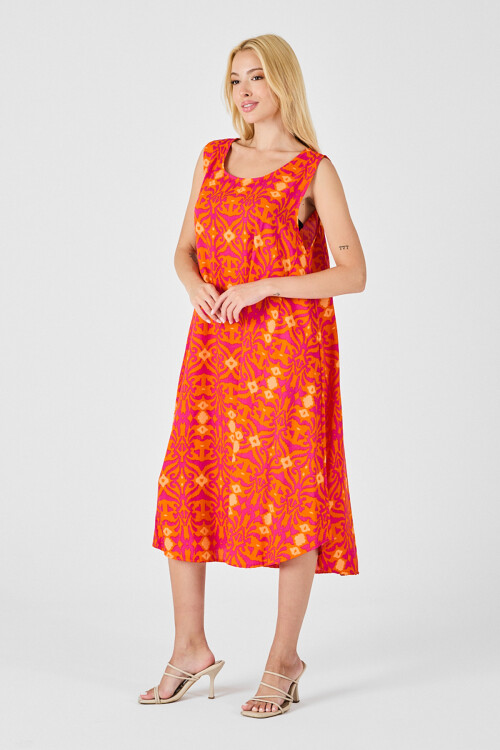Turuncu Asimetrik Kesim U Yaka Desenli Elbise