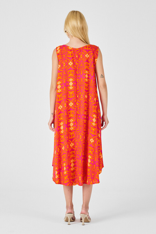 Turuncu Asimetrik Kesim U Yaka Desenli Elbise