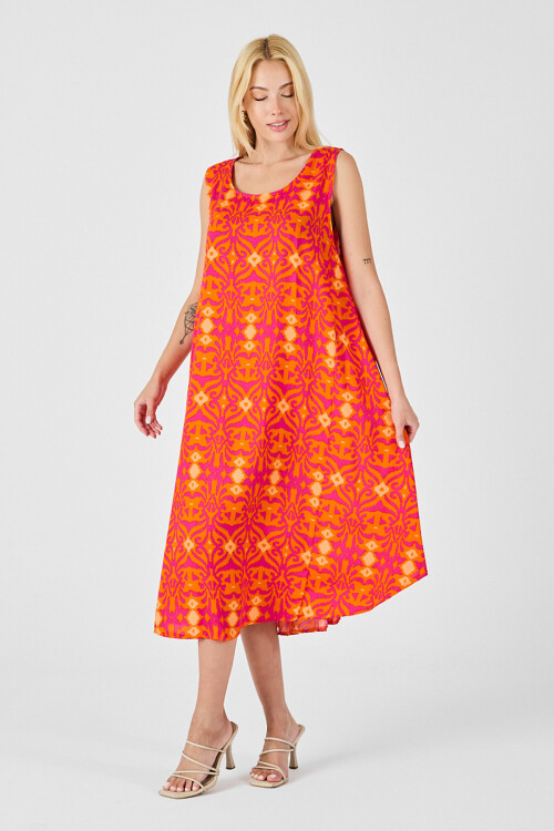 Turuncu Asimetrik Kesim U Yaka Desenli Elbise