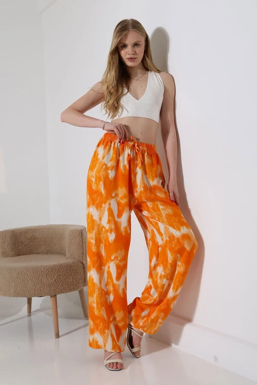 Turuncu Batik Desenli Viscon Yazlık Dokuma Pantolon BCBT-251008