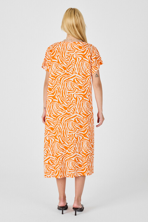 Turuncu Beyaz Derin V Yaka Kısa Kollu Çizgi Desenli Midi Boy Elbise