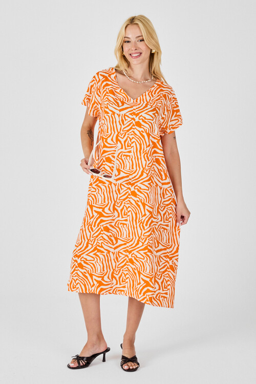 Turuncu Beyaz Derin V Yaka Kısa Kollu Çizgi Desenli Midi Boy Elbise