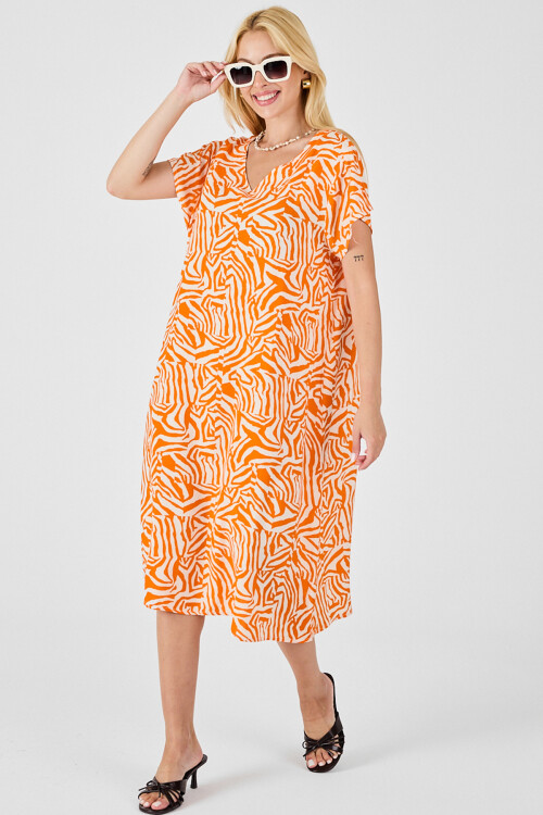 Turuncu Beyaz Derin V Yaka Kısa Kollu Çizgi Desenli Midi Boy Elbise