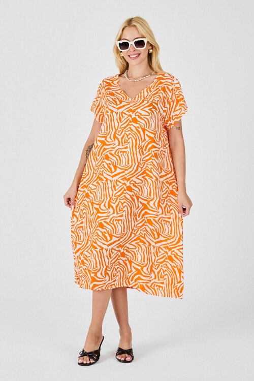 Turuncu Beyaz Derin V Yaka Kısa Kollu Çizgi Desenli Midi Boy Elbise