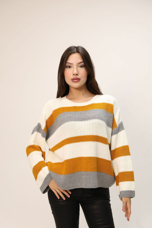 Turuncu Bisiklet Yaka Çizgi Desenli Triko Kazak BCES-252006