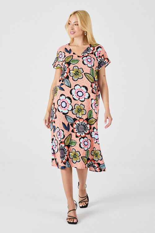 Turuncu Derin V Yaka Çiçek Desenli Midi Boy Elbise