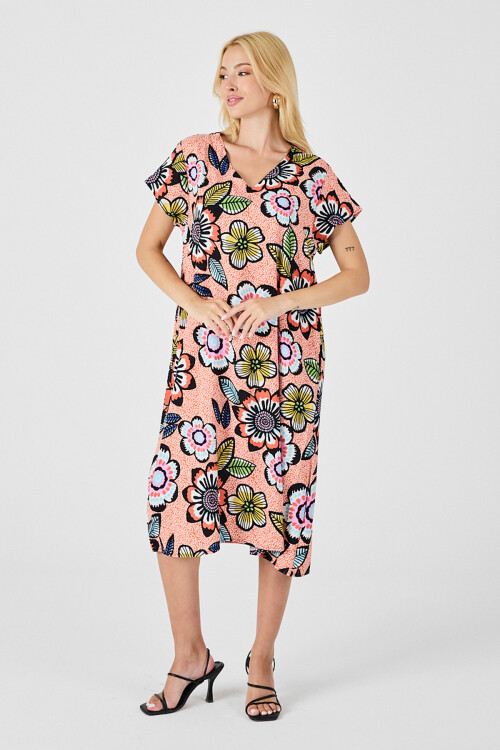 Turuncu Derin V Yaka Çiçek Desenli Midi Boy Elbise