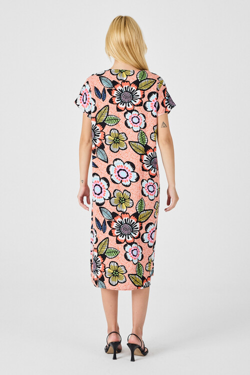 Turuncu Derin V Yaka Çiçek Desenli Midi Boy Elbise