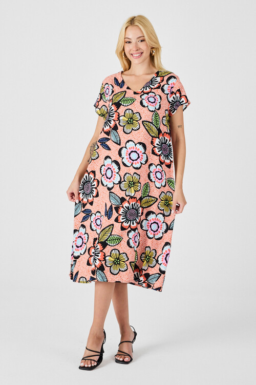 Turuncu Derin V Yaka Çiçek Desenli Midi Boy Elbise