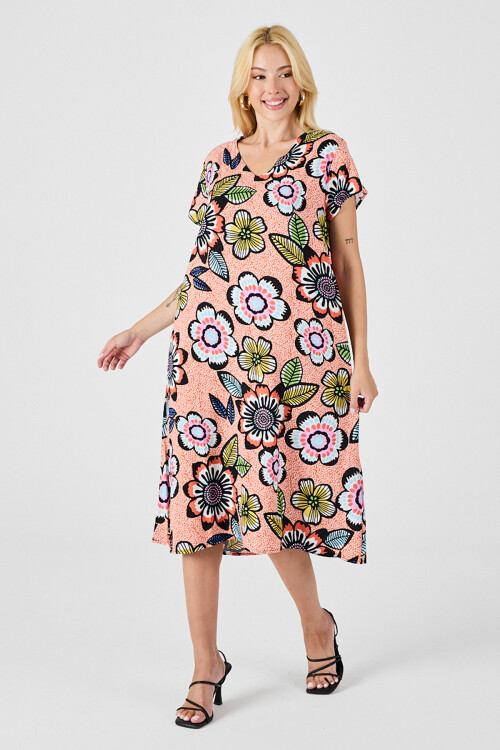 Turuncu Derin V Yaka Çiçek Desenli Midi Boy Elbise