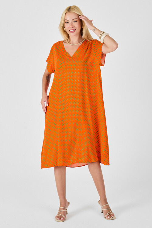Turuncu Derin V Yaka Kısa Kollu Çizgi Desenli Midi Boy Elbise