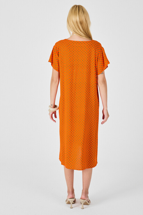 Turuncu Derin V Yaka Kısa Kollu Çizgi Desenli Midi Boy Elbise