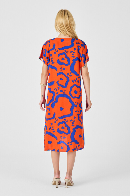 Turuncu Desenli Derin V Yaka Midi Boy Elbise