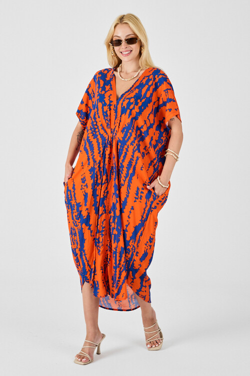 Turuncu Desenli V Yaka Salaş Kesim Kaftan Elbise