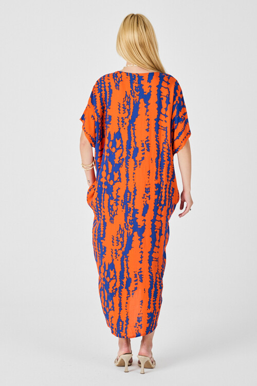 Turuncu Desenli V Yaka Salaş Kesim Kaftan Elbise