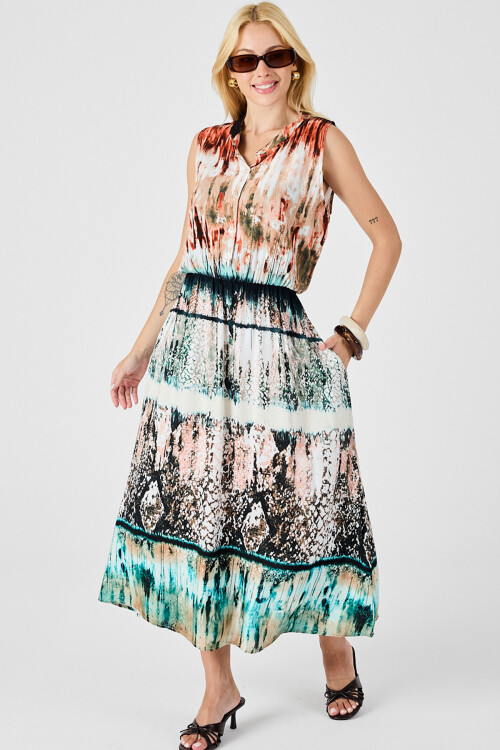 Turuncu-Ekru Çentik Yaka Düğmeli Desenli Kolsuz Midi Elbise