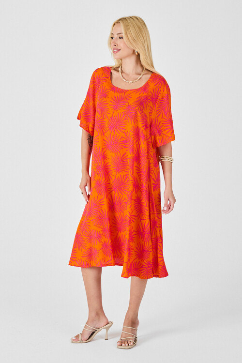 Turuncu Geniş Yaka Desenli Midi Boy Elbise